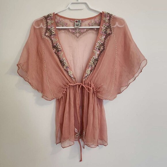 Lotta Stensson Tops - Vintage Lotta Stensson Silk Kimono Kaftan Embroidered Beaded V Neck Top